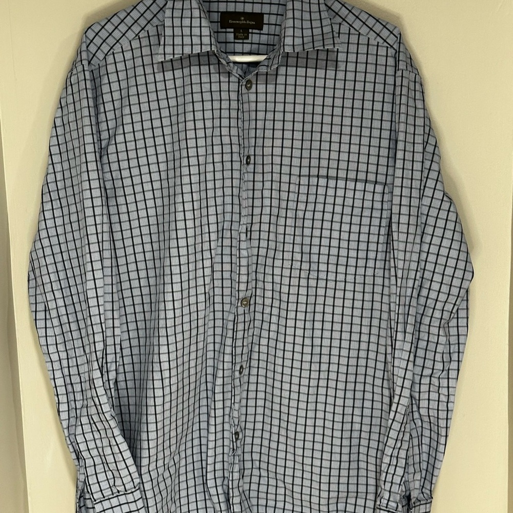 Ermenegildo Zegna Navy and White Checkered Shirt. Size L.